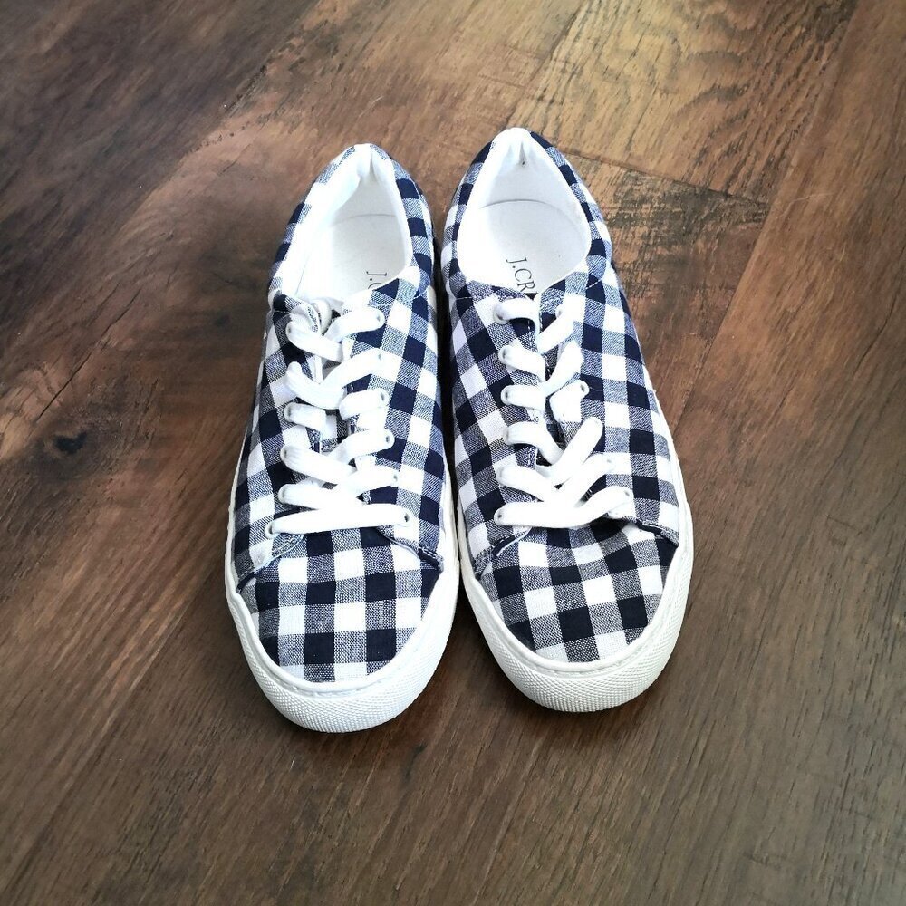 J. Crew Women's Road Trip Sneakers Navy Blue Gingham‎ Check Size 7